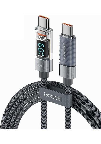 60W USB Type-C To Type-C Dijital Ekran Sarj Kablosu | 2 Metre | Gri