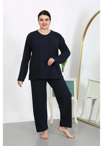 Moda Kadın Büyük Beden Uzun Kol Penye Pijama Takımı Lacivert fiyatları
