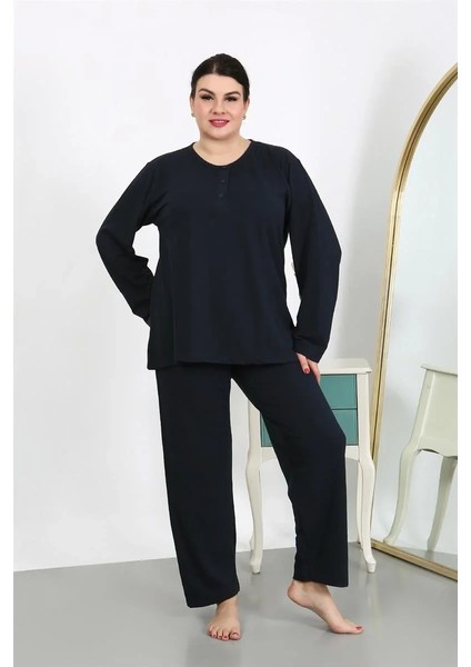 Moda Kadın Büyük Beden Uzun Kol Penye Pijama Takımı Lacivert modelleri