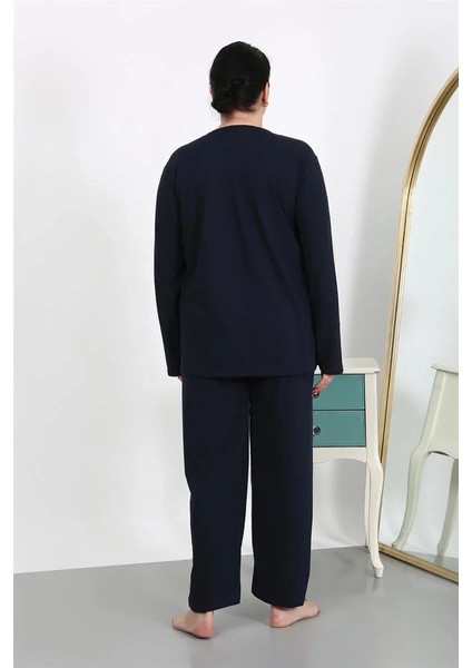 Moda Kadın Büyük Beden Uzun Kol Penye Pijama Takımı Lacivert indirimleri
