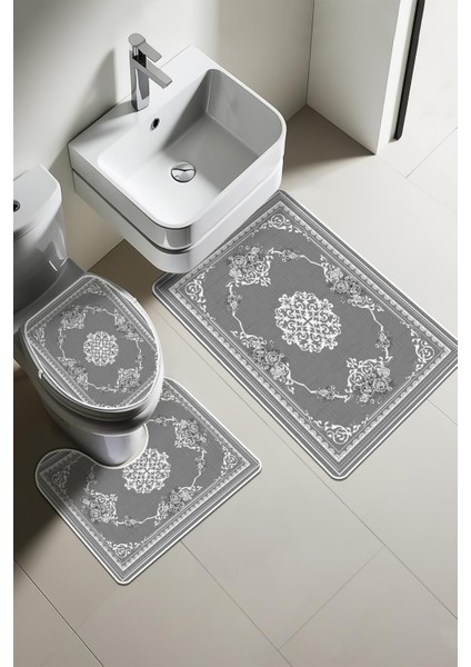 Modern Desenli 3’lü Banyo Paspas Takımı Yıkanabilir Kaymaz Tabanlı Klozet Takımı KLZ0057