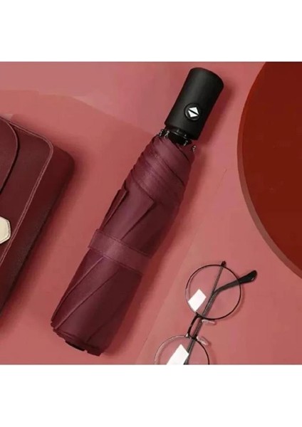 Bordo 8 Telli Şemsiye Unisex Rüzgara Dayanıklı Kırılmayan Erkek Kadın Tam Otomatik Şemsiye 98X58 cm