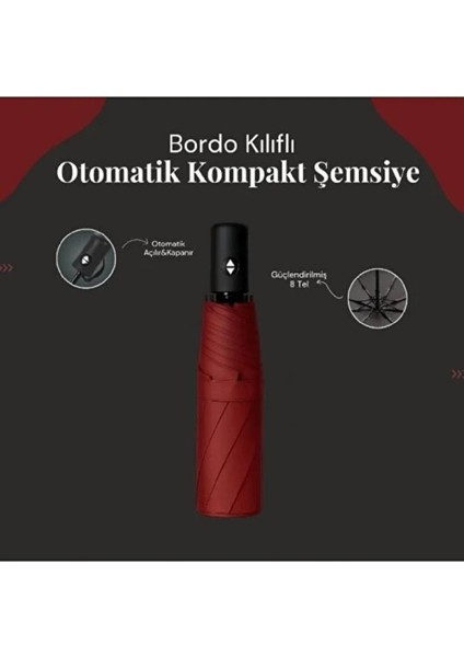 Bordo 8 Telli Şemsiye Unisex Rüzgara Dayanıklı Kırılmayan Erkek Kadın Tam Otomatik Şemsiye 98X58 cm fiyatları