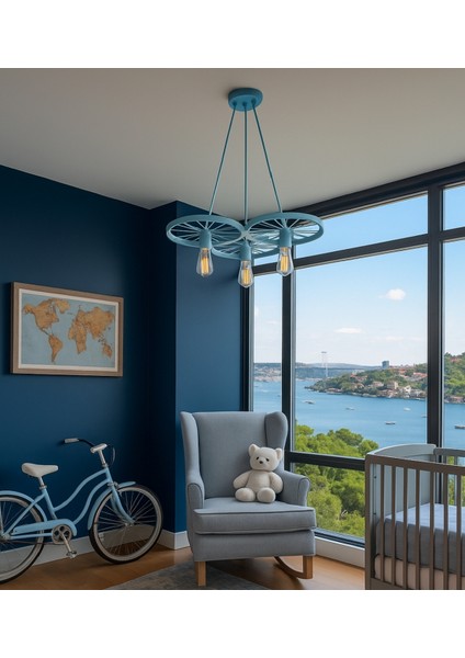 Erkek Bebek Çocuk Odası Halka Model Sarkıt Avize Bebek Mavi E27 Duy Modern Tavan Aydınlatma