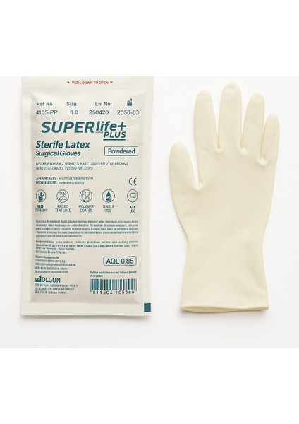 + Plus Steril Latex Cerrahi Eldiven 8.0 Pudralı - Steril R (Tek Kullanımlık) 2li Paket