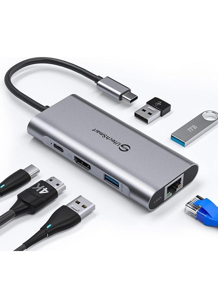 USB C Hub, Ethernet Multiport Adaptörü, 6'sı 1 Arada HDMI Dock MacBook Pro/air, Chromebook, Dell Xps, Hp ve Type Devices (Gigabit 100W Pd 4K HDMI USB 3.0) ile Uyumlu