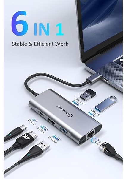 USB C Hub, Ethernet Multiport Adaptörü, 6'sı 1 Arada HDMI Dock MacBook Pro/air, Chromebook, Dell Xps, Hp ve Type Devices (Gigabit 100W Pd 4K HDMI USB 3.0) ile Uyumlu fiyatları