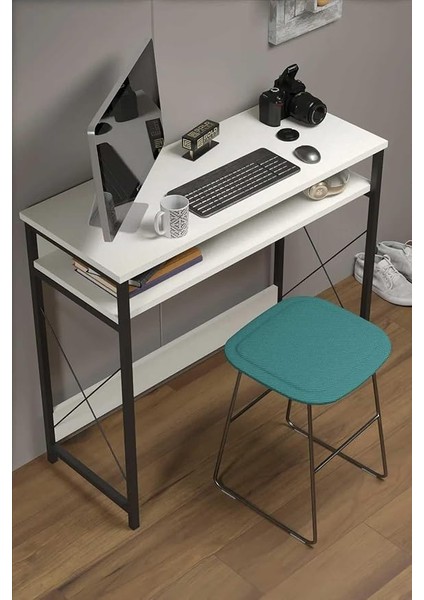 Modern Çalışma Masası, Metal Ayaklı, 90X37 cm Alt Raflı, Beyaz