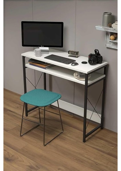 Modern Çalışma Masası, Metal Ayaklı, 90X37 cm Alt Raflı, Beyaz modelleri
