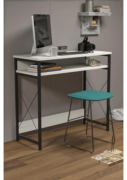 Modern Çalışma Masası, Metal Ayaklı, 90X37 cm Alt Raflı, Beyaz fırsatları