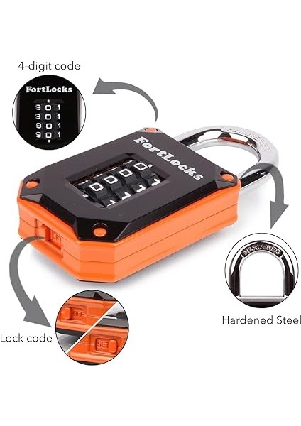 Paket Fortlocks Kilit, Fitness Stüdyosu Kilitli Bölmeler Için, 4 Haneli, Sağlam, Hava Koşullarına Dayanıklı, Sertleştirilmiş Paslanmaz Çelik, Dış Mekan Asma Kilit, Sıfırlanabilir Şifre, Turuncu modelleri
