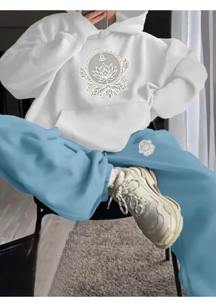 Punıx Büyük Beden Modern Tasarım Kapüşonlu Tribal Çiçek Baskılı Kışlık Oversize Kadın Eşofman Takımı