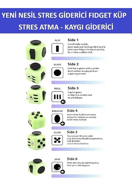 Yeni Nesil Stres Küpü, Fidget Cube, Stres ve Kaygı Giderici, 3+ Yaş, (Siyah-Yeşil) modelleri