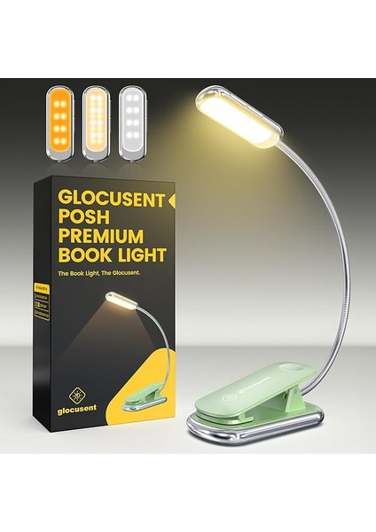 Posh Zamanlayıcılı Yatakta Kitaplar Için Premium Okuma Işığı, 16 LED Şarj Edilebilir Kitap Işığı 160 Saat Çalışır, 1800K Göz Alıcı Okuma Işığı Klipsi, 3 Renk ve 5 Parlaklık Seviyesi (Yeşil)