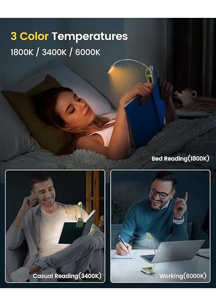Posh Zamanlayıcılı Yatakta Kitaplar Için Premium Okuma Işığı, 16 LED Şarj Edilebilir Kitap Işığı 160 Saat Çalışır, 1800K Göz Alıcı Okuma Işığı Klipsi, 3 Renk ve 5 Parlaklık Seviyesi (Yeşil) modelleri