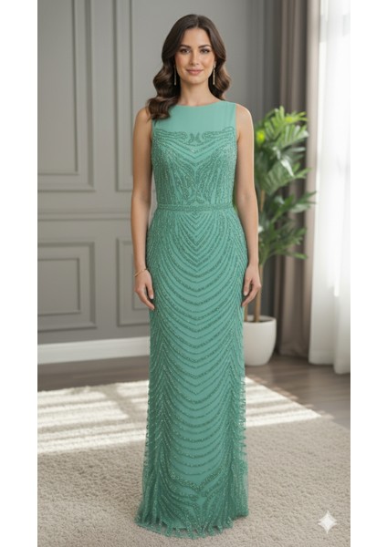 Yeni Sezon Su Yeşili Işlemeli Şık Davet Elbisesi Abiye Elbise