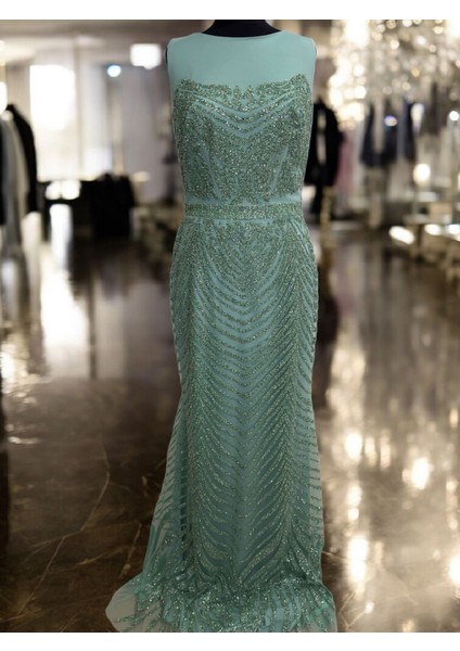 Yeni Sezon Su Yeşili Işlemeli Şık Davet Elbisesi Abiye Elbise indirimleri