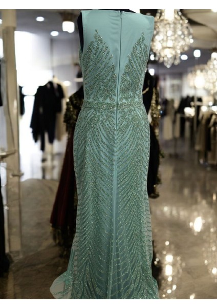 Yeni Sezon Su Yeşili Işlemeli Şık Davet Elbisesi Abiye Elbise