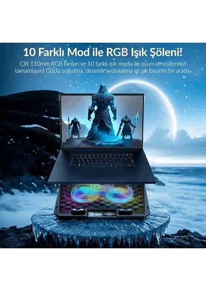 Odin Rgb Işıklı Gaming 2200RPM Çift Fan LED Display Laptop Notebook Soğutucu Stand modelleri