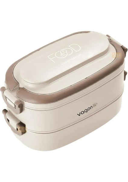 Bento 1140ML Lunchbox 2 Katlı 4 Bölmeli Mini Kaseli Çelik Sefer Tası Yemek Kutusu (Bej)