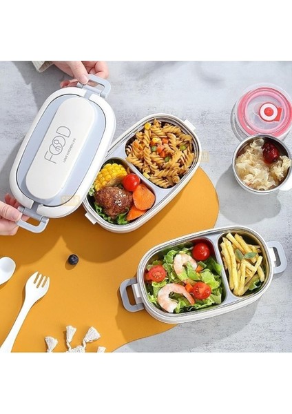 Bento 1140ML Lunchbox 2 Katlı 4 Bölmeli Mini Kaseli Çelik Sefer Tası Yemek Kutusu (Bej) fiyatları