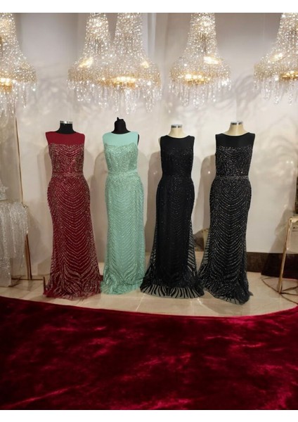 Yeni Sezon Kırmızı Taş ve Payet Işlemeli Şık Davet Elbisesi Abiye Elbise