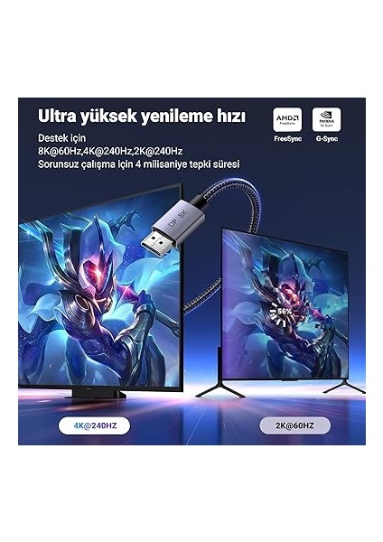 8k Displayport Kablosu 1.4 8k 60Hz 4K 240Hz, Vesa Sertifikalı, Pc, Hdtv, Monitör, Grafik Kartı Için Hdr, Freesync, G-Sync, Dsc 1.2, Hdcp 2.2 ile Uyumlu Alüminyum Dp Kablosu 32,4 Gbps (3m) modelleri