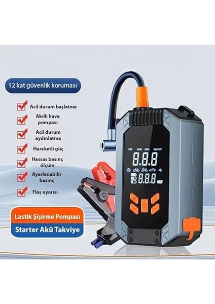 Akım Korumalı 2in1 150W 150PSI Araç Lastik Şişirme Pompası ve Araç Akü Takviye Cihazı Starter fiyatları