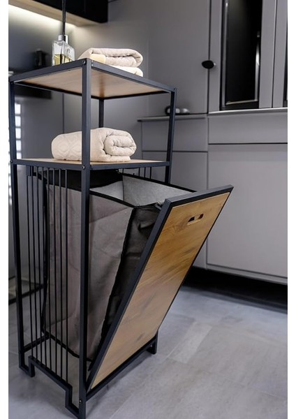 Metal Kirli Sepetli 2 Raflı Çok Amaçlı Banyo Düzenleyici Raf Organizer Siyah – MRS-003 C1-1-369