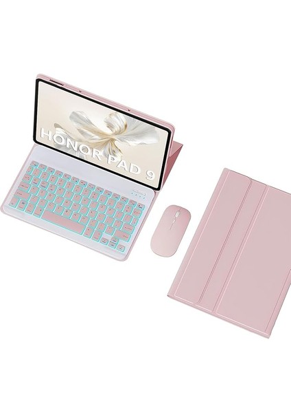 Huawei Honor Pad 9 12.1 Inç Tablet Için Klavye Kılıfı, Alman Qwertz 7 Renkli Aydınlatma, Manyetik Çıkarılabilir Bluetooth Klavye, Akıllı Ince Kılıf ve Fare, Pembe