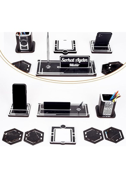 Space+Gümüş Kalemlik Ahşap Masa Isimliği Seti Mermer Desen Hediye Ofis Organizer Masa Üstü Isimlik