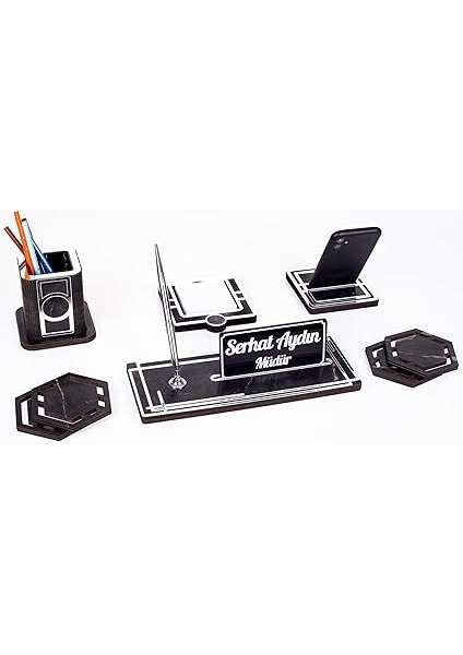 Space+Gümüş Kalemlik Ahşap Masa Isimliği Seti Mermer Desen Hediye Ofis Organizer Masa Üstü Isimlik fırsatları