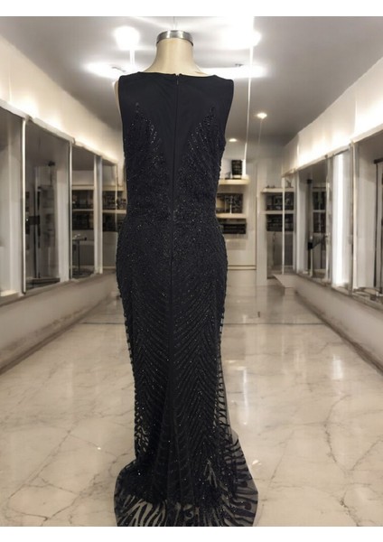 Yeni Sezon Siyah Taş Işlemeli Şık Davet Elbisesi Abiye Elbise