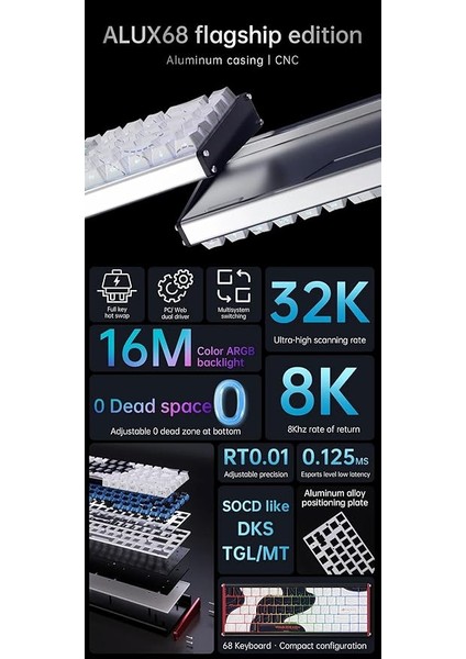 Alux 68 He Kablolu-8000hz Manyetik Switch Oyun Klavyesi Alümniyum Gövde Yapısı Siyah - Resimli modelleri