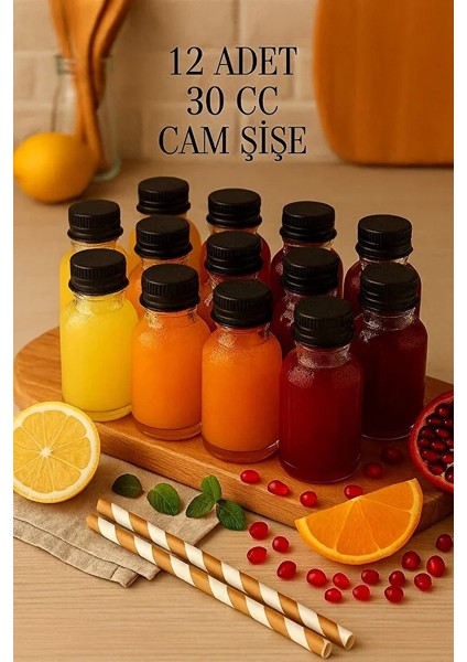 12 Adet Şeffaf Cam Shot Şişesi Sızdırmaz Siyah Plastik Kapaklı Kolonya Koku Süs Çok Amaçlı Şişe 30ML