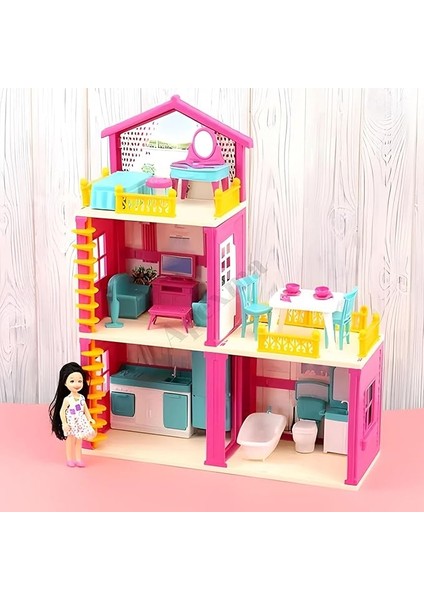 Oyuncak Bebekli Portatif 3 Katlı Düşler Evi Aksesuarlı Üç Katlı Oyuncak Bebek Evi
