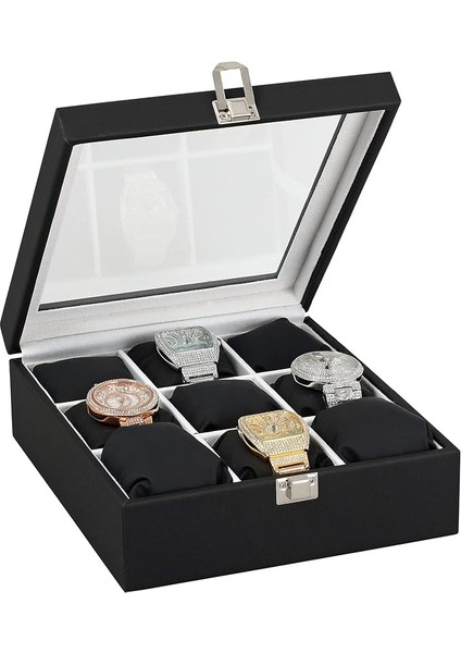 9 Lu Ahşap Üzeri Siyah Deri Cam Kapaklı Saat Kutusu St9-22