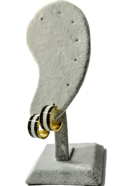 Çelik Siyah Beyaz Halka Küpe Altın Renk