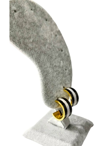 Çelik Siyah Beyaz Halka Küpe Altın Renk