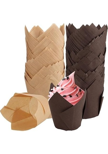 100LÜ Muffin Kalıbı - Cupcake Kalıpları, Su Geçirmez ve Yağ Geçirmez Pişirme Kağıtları, Ev Veya Parti Için Alüminyum Folyo Pişirme Kek Kapları -Ince Tulip Kahverengi fırsatları