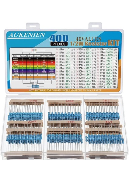 1/2W Direnç Kiti 40 Değer 400 Adet 1/2WATT Metal Film Direnç Çeşit Kiti 1 Ohm - 1 M Ohm Sabit Çeşitli Direnç Paketi Ortak Sıl Direnç Seti Rohs Uyumlu ±%1 Tolerans