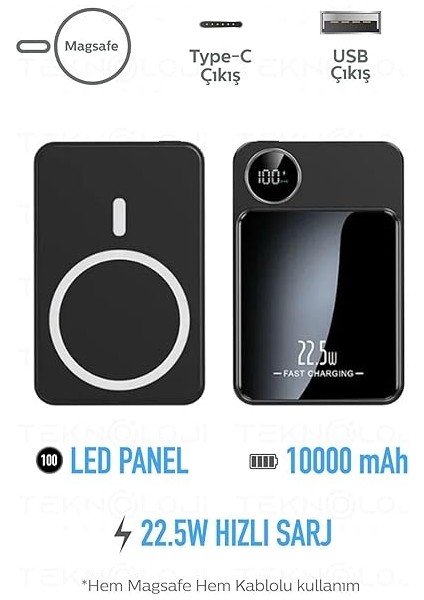 10.000 Mah 22.5 Watt Hızlı Şarj Göstergeli Kablosuz Taşınabilir Şarj Type-C/usb fiyatları