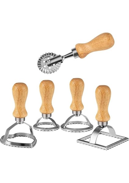 Ravioli 5'li Set, Hamur Tekerleği, Mantı Kesici, Hamur Torbası Şekillendirici, Kare Yuvarlak Kalp Şeklinde Ravioli Şekillendirici, Makarna Presi