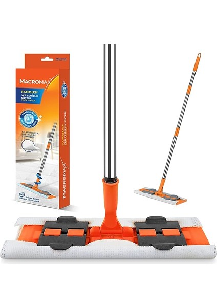 Famous + Düz Mop Yer Temizlik Sistemi, Islak ve Kuru Kullanım, 360 Döner Başlıklı Pratik Paspas