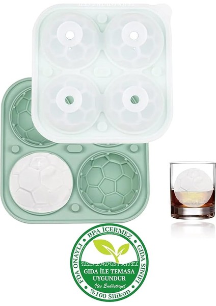 Chef Silikon Futbol Topu Büyük Boy 4 Bölmeli Buz Kalıbı, Kapaklı, Yeşil modelleri