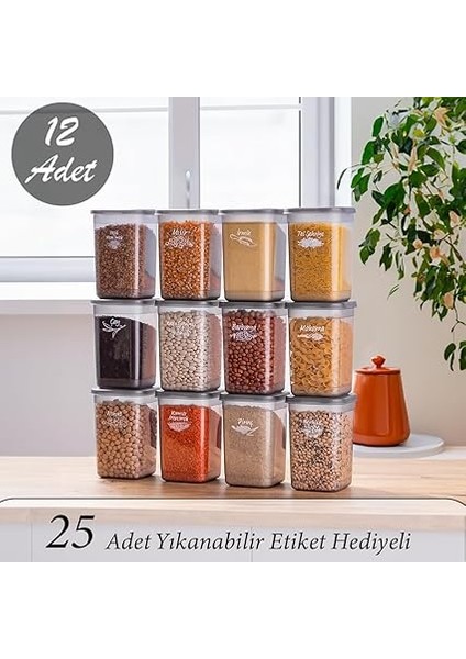 Porsima 431-GR 12 Li Çok Amaçlı Kapaklı Etiketli Gıda Erzak Bakliyat Saklama Kabı Seti 1.30 Lt - Gri fiyatları