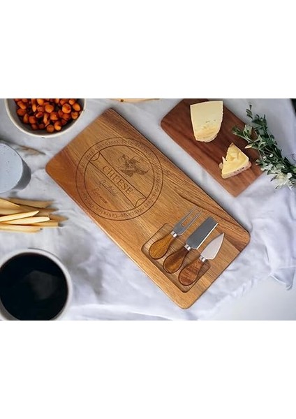 4 Parça Akasya Ağacı Peynir Sunum Tabağı Seti - Doğal Ahşap Peynir Sunum Tepsisi - Şık Servis Tahtası ve Çatal Bıçak Takımı - Misafir Ağırlama ve Mutfak Için modelleri