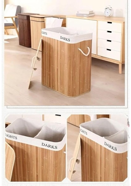 Çamaşır Sepeti, 2 Bölmeli, Çıkarılabilir Çamaşır Torbalı, Katlanabilir