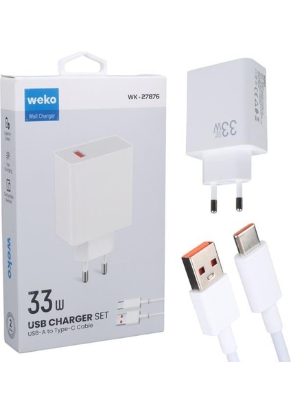 WK-27876 M11 Beyaz 33 Watt Turbo USB Şarj Başlık Adaptörü + Type-C Kablo