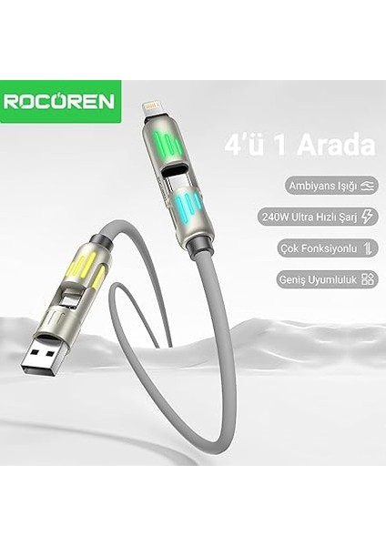 240W 4'ü 1 Arada Type-C/usb-A/lightning Gri Silikon Şarj ve Data Kablosu 1.2 Metre fiyatları